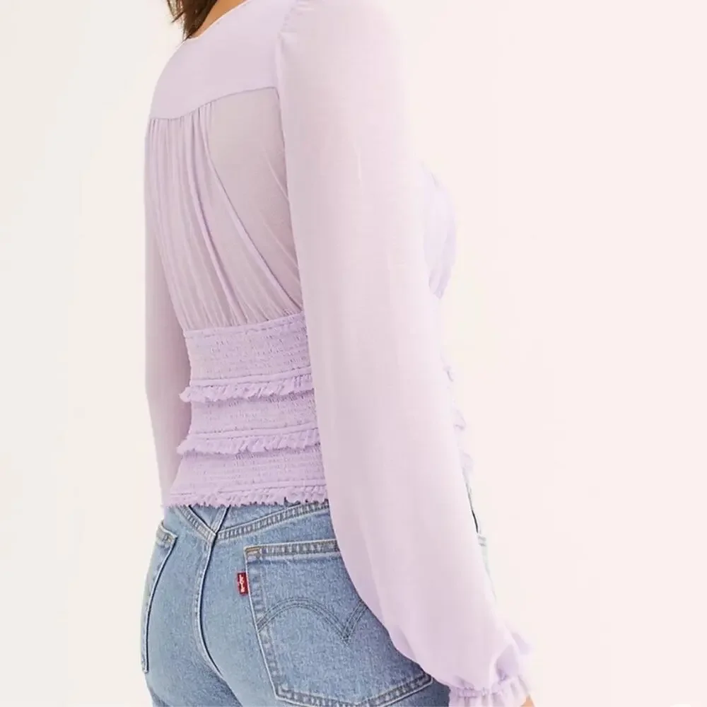 Free People Lolita Lavender Purple Smocked Boho Cottagecore Fairy Top Size L